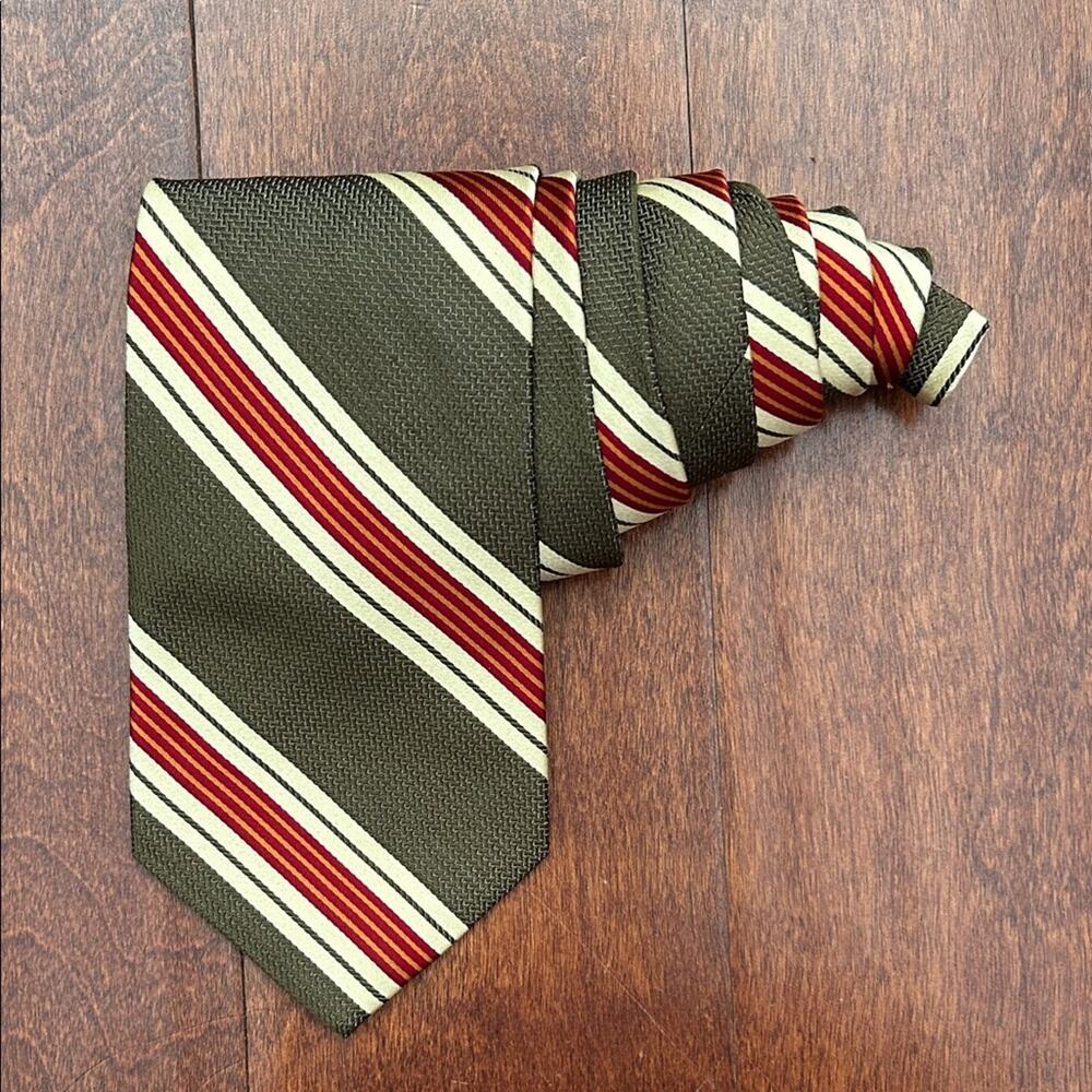 Gap Classic Retro Striped Tie in Khaki Green, Red, and Cream, 100% Silk